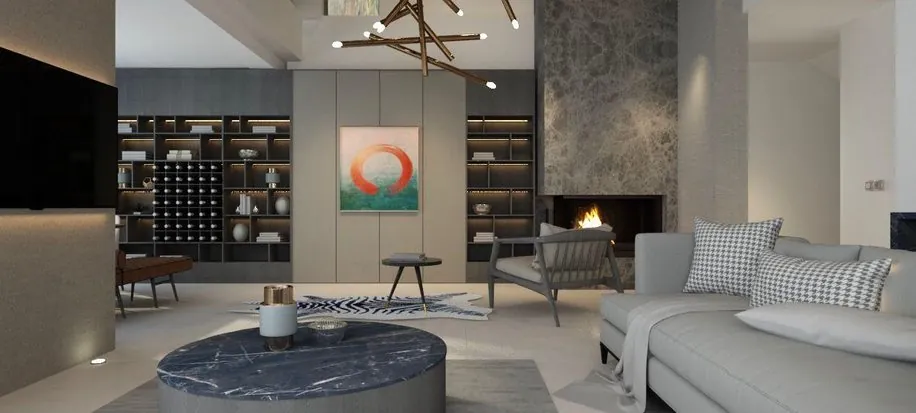 Galerili salon — çift yükseklikli yaşam alanı