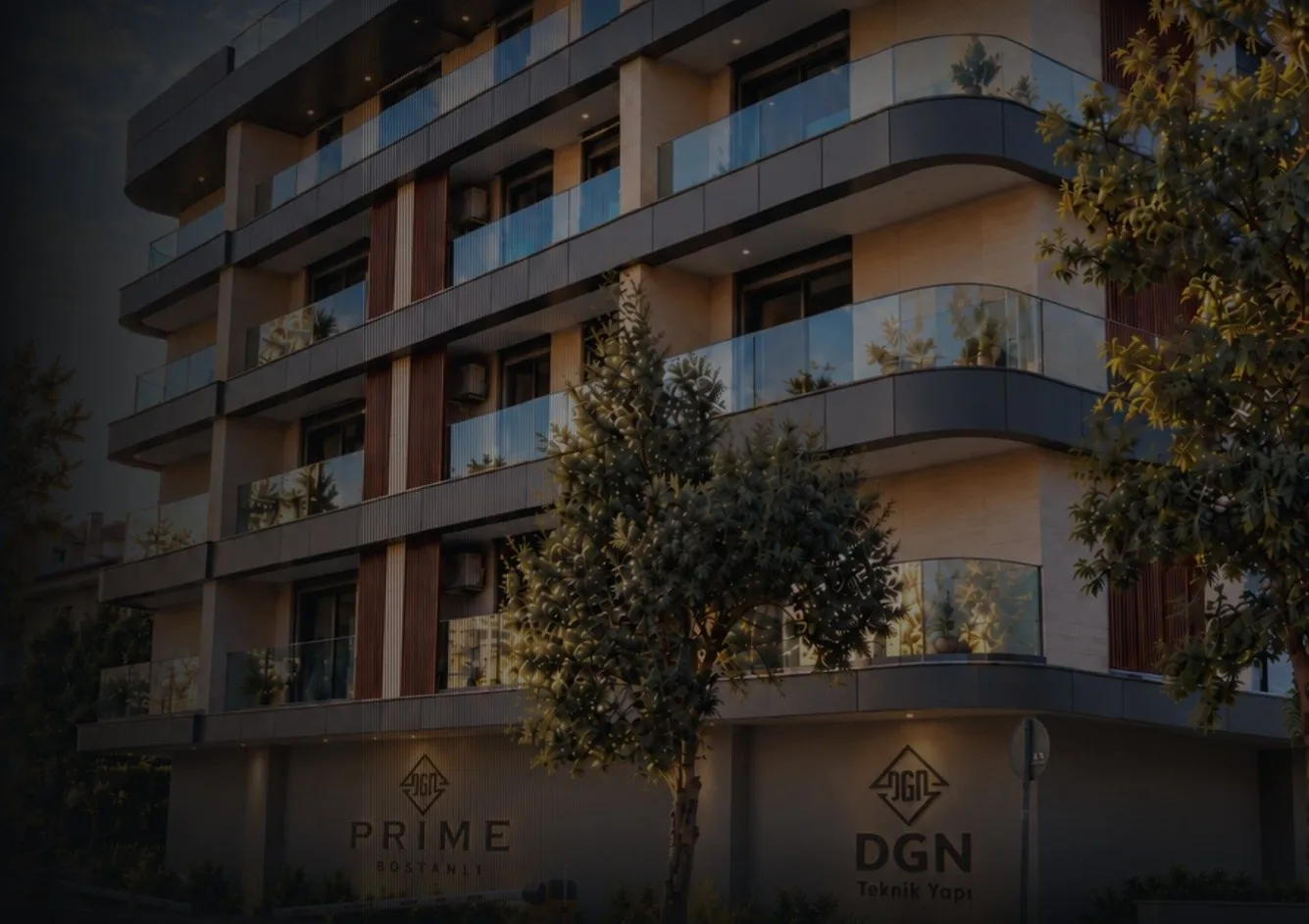 DGN Prime Bostanlı — tamamlanan cephe, akşam aydınlatması