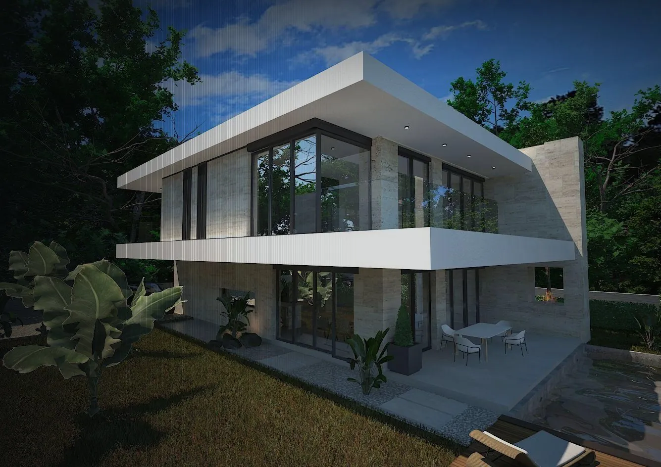 DGN Villa Bolevin — traverten kaplı cephe ve geniş cam yüzeyler